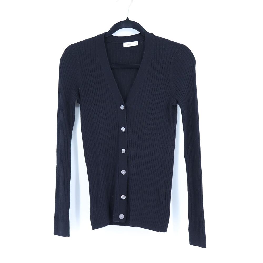 Vince Ribbed Skinny Cardigan Black V Neck Button Front Fitted Sleeve Women's S